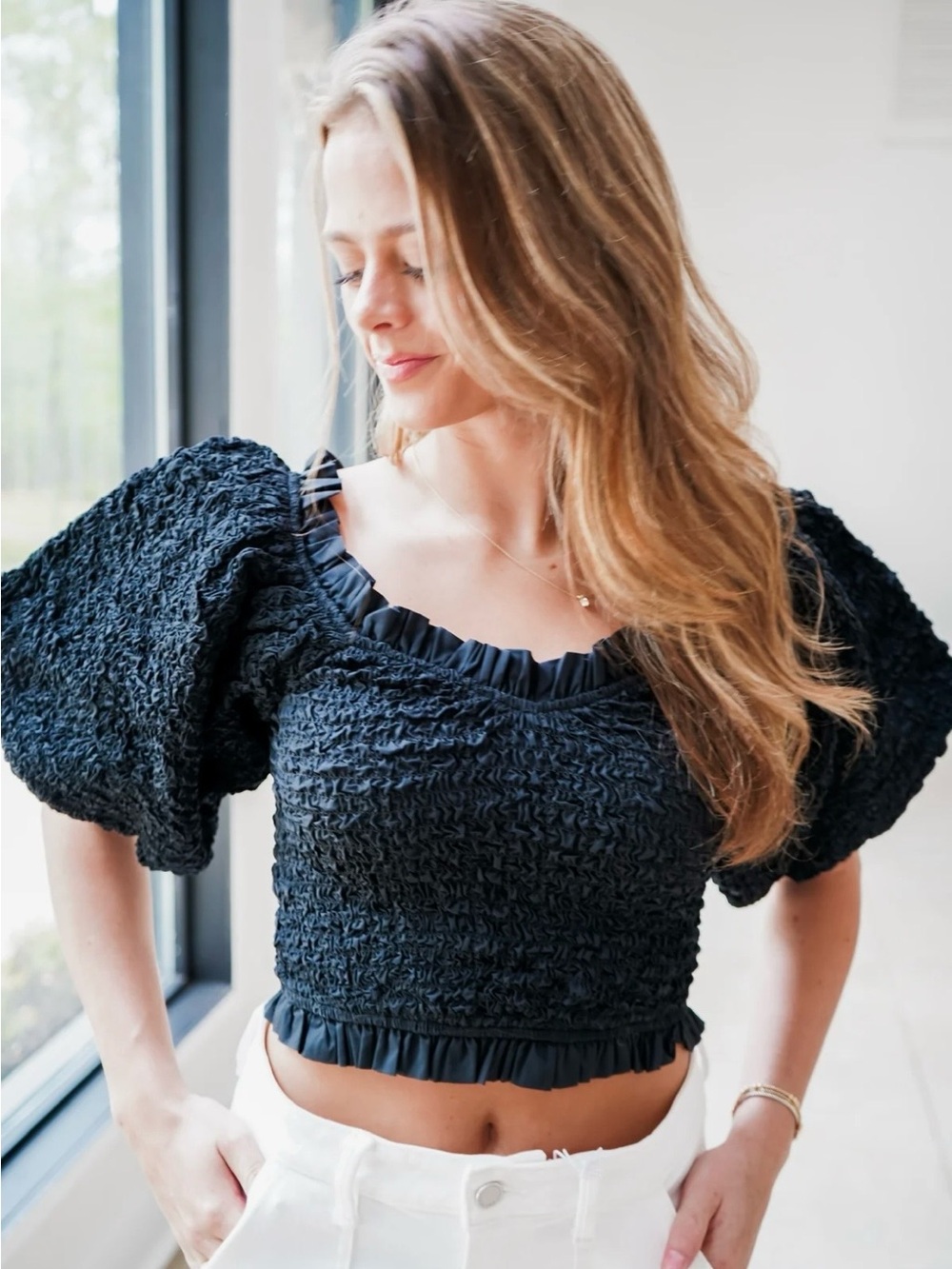 NWT Olivaceous Sz S Dramatic Puff Sleeves Cropped Black Smocked Top 100% Cotton.